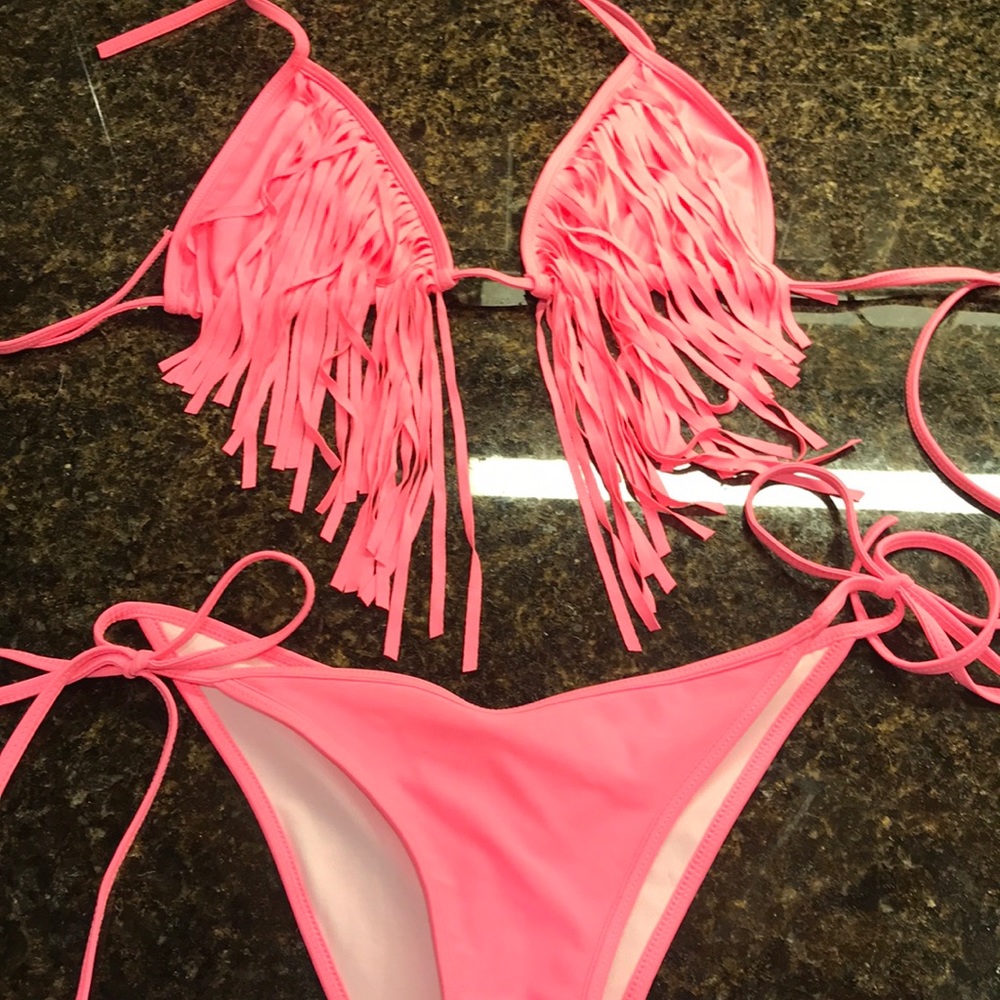 Hot pink fringe bikini set
